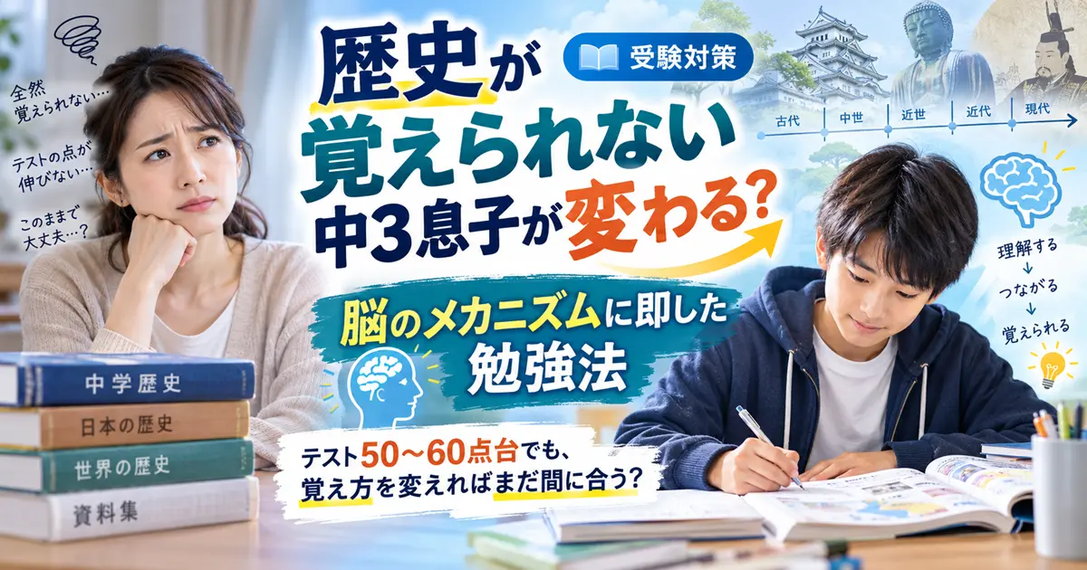 歴史が覚えられない中3息子の勉強法｜テスト50〜60点台で悩む母親と歴史を勉強する中学生