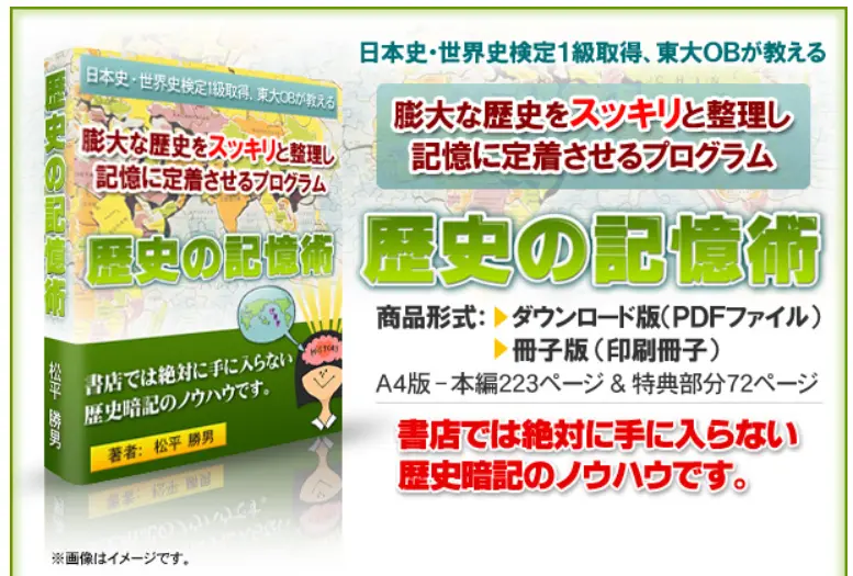 歴史が覚えられない中学生の勉強法として紹介する「歴史の記憶術」の教材パッケージ画像